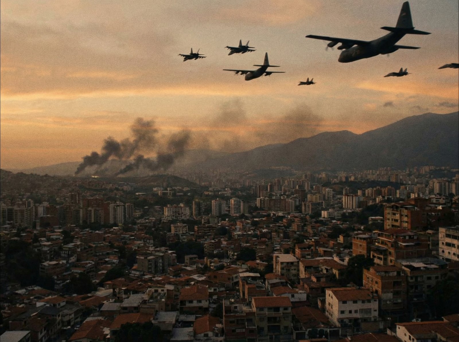 US military aircraft flying over the capital city of Venezuela, with smoke rising in the background. Cinematic, dramatic lighting, no visible text, 4:3 aspect ratio.