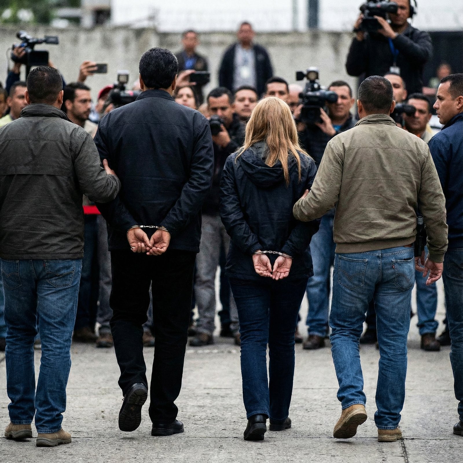 Venezuelan President Nicolas Maduro and his wife Cilia Flores in handcuffs, being escorted by plainclothes officers. Realistic, news photography style, no visible text, 1:1 aspect ratio.