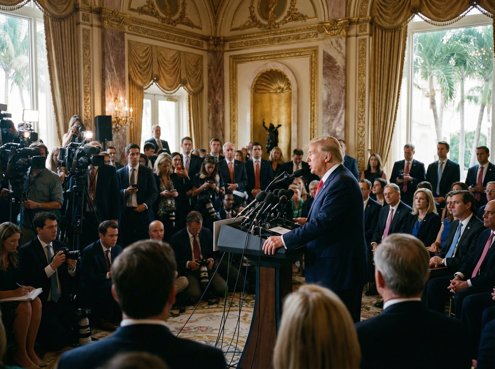 Former US President Donald Trump holding a press conference at Mar-a-Lago, speaking into microphones. Formal setting, professional photography, no visible text, 4:3 aspect ratio.