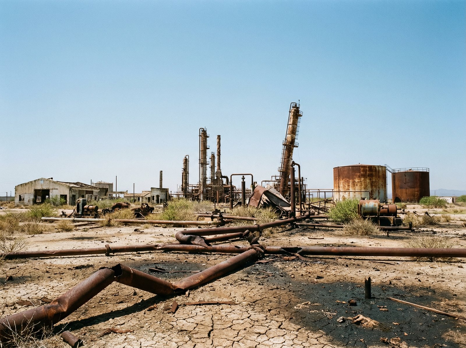 A desolate and broken oil infrastructure in Venezuela, with damaged pipes and facilities under a clear sky. The scene conveys a sense of disrepair and neglect, hinting at past industrial activity. Aspect ratio 4:3, no visible text.