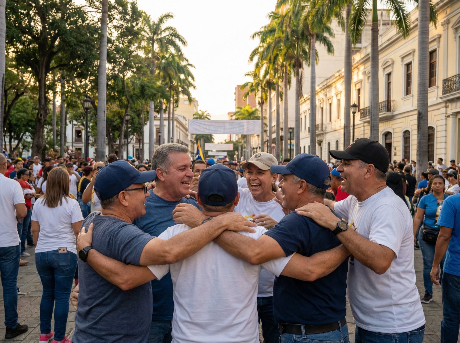 Supporters of Venezuelan President Nicolás Maduro embracing in downtown Caracas, Venezuela, Saturday, Jan. 3, 2026, after U.S. President Donald Trump announced that Maduro had been captured and flown out of the country. lifestyle photography, warm lighting, natural setting, no visible text, 4:3 aspect ratio