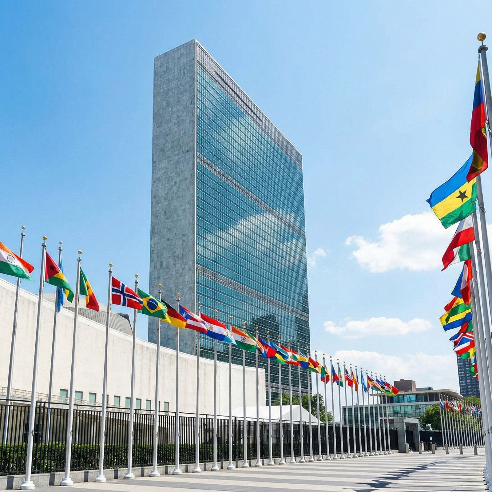 United Nations headquarters building with flags of member states, symbolizing international law and diplomatic efforts. informational style, modern layout, high contrast, no visible text, 1:1 aspect ratio