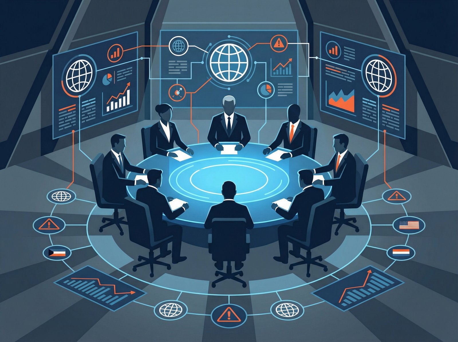 World leaders from various countries engaged in an urgent, serious diplomatic meeting, symbolizing the international response to a global crisis. informational style, clean infographic, modern layout, high contrast, no visible text, 4:3 aspect ratio