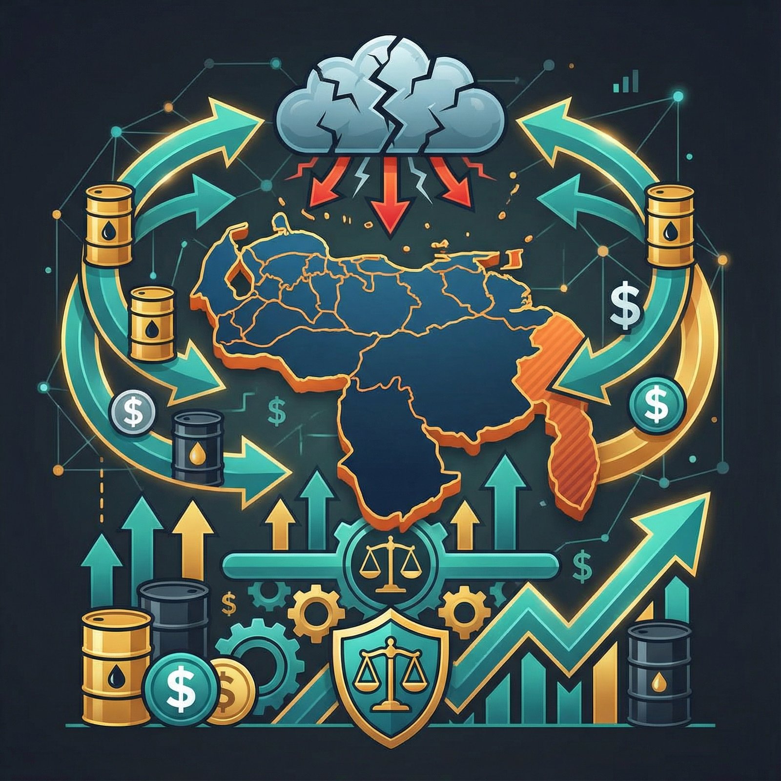 A complex infographic showing a map of Venezuela, oil barrels, dollar signs, and arrows indicating market stability despite political upheaval. Use a clean, modern layout with high contrast colors. No visible text, 1:1 aspect ratio.