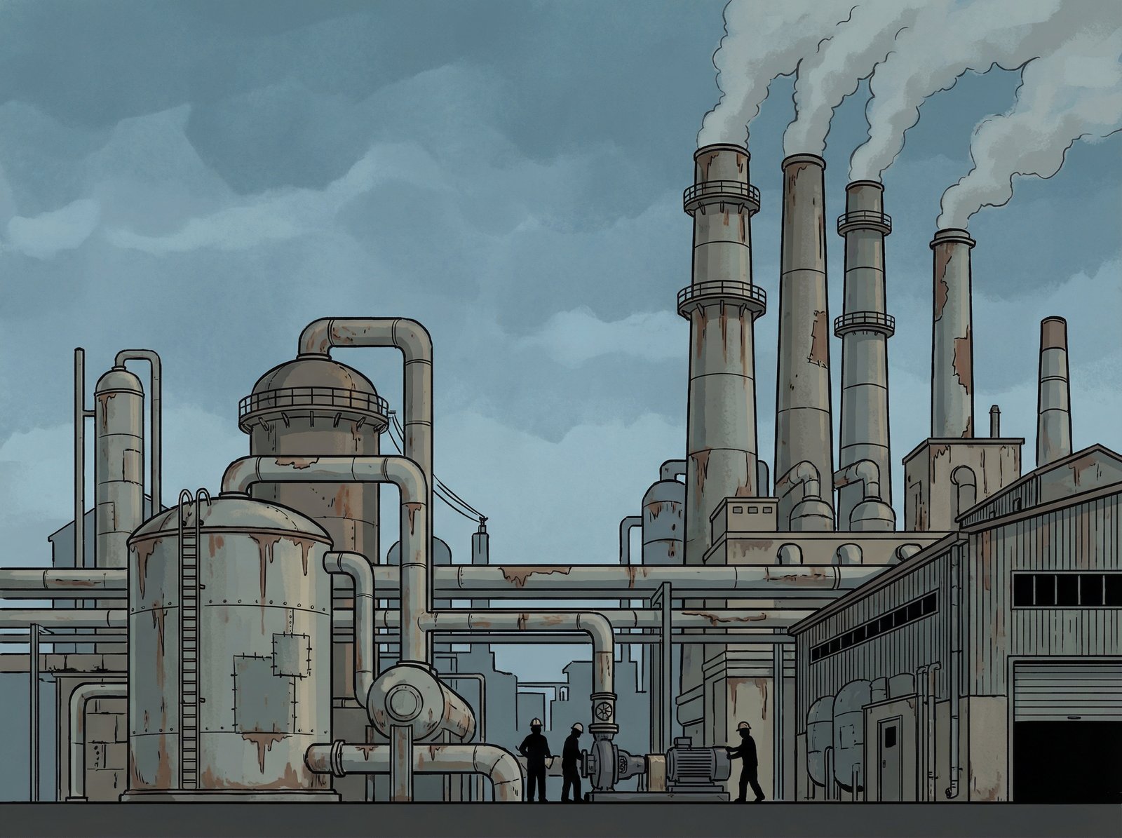 An illustration of an aging Venezuelan oil refinery with smoke stacks and pipelines, showing signs of wear but still operational. The sky is a muted, cloudy blue. Informational style with good contrast. No visible text, 4:3 aspect ratio.