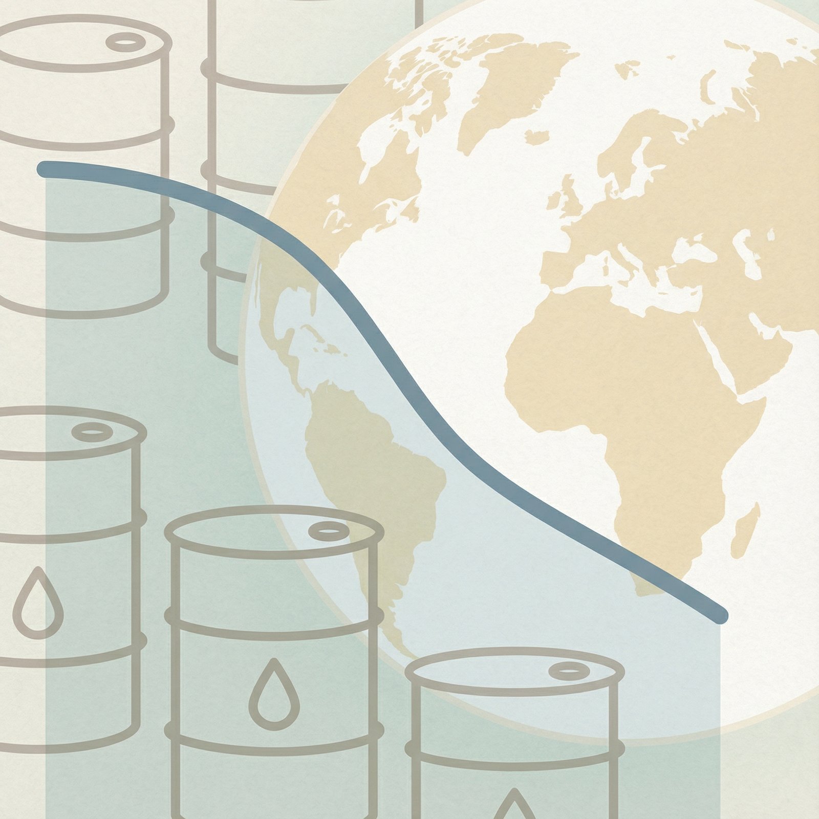 A simplified line graph showing a downward trend in oil prices with a subtle background of oil barrels and a global map. Use an informational style with a clear, calm color palette. No visible text, 1:1 aspect ratio.