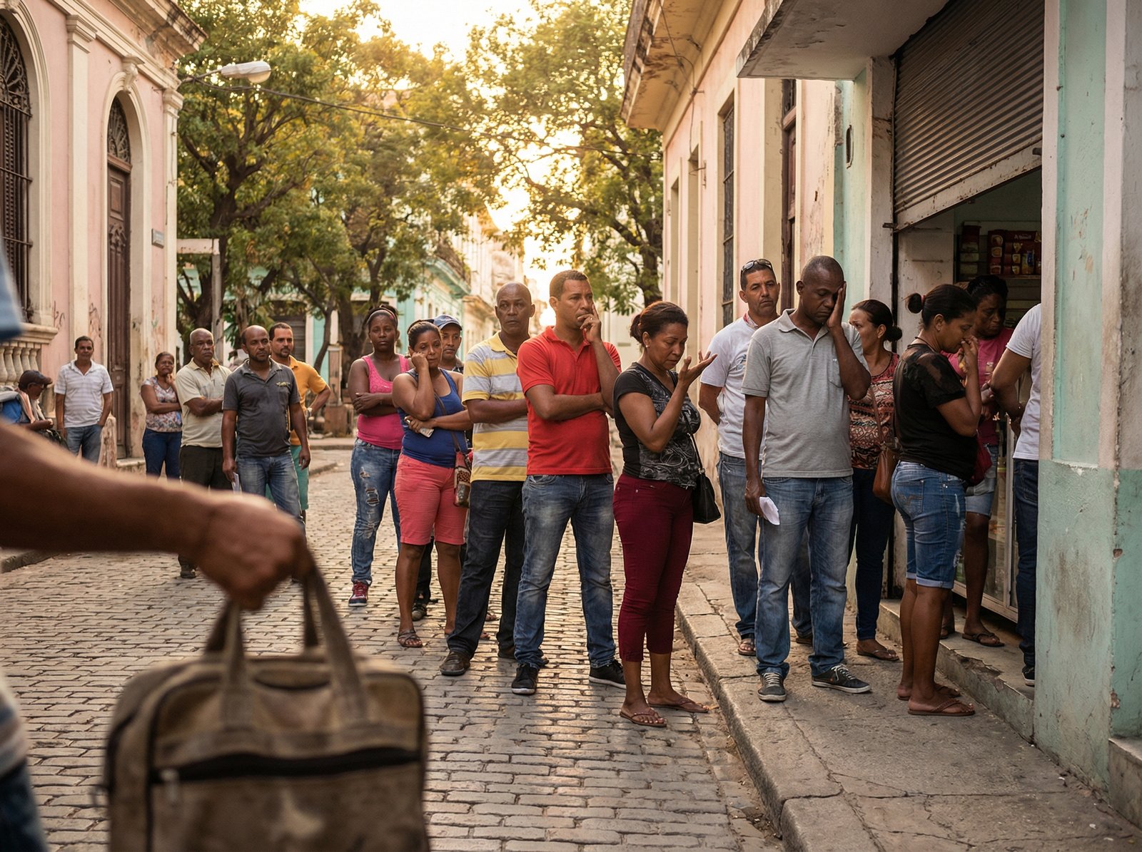 Venezuelans expressing anxiety and confusion on the streets, queuing for supplies. A sense of uncertainty. Lifestyle photography, warm lighting, natural setting, no visible text. Aspect ratio 4:3.