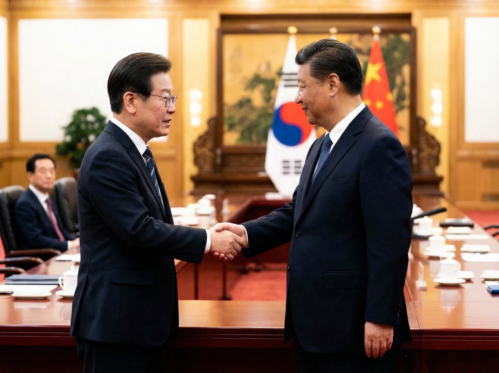 South Korean President Lee Jae Myung and Chinese President Xi Jinping shaking hands, formal setting, diplomatic meeting, 4:3, no visible text, modern layout, high contrast, warm lighting