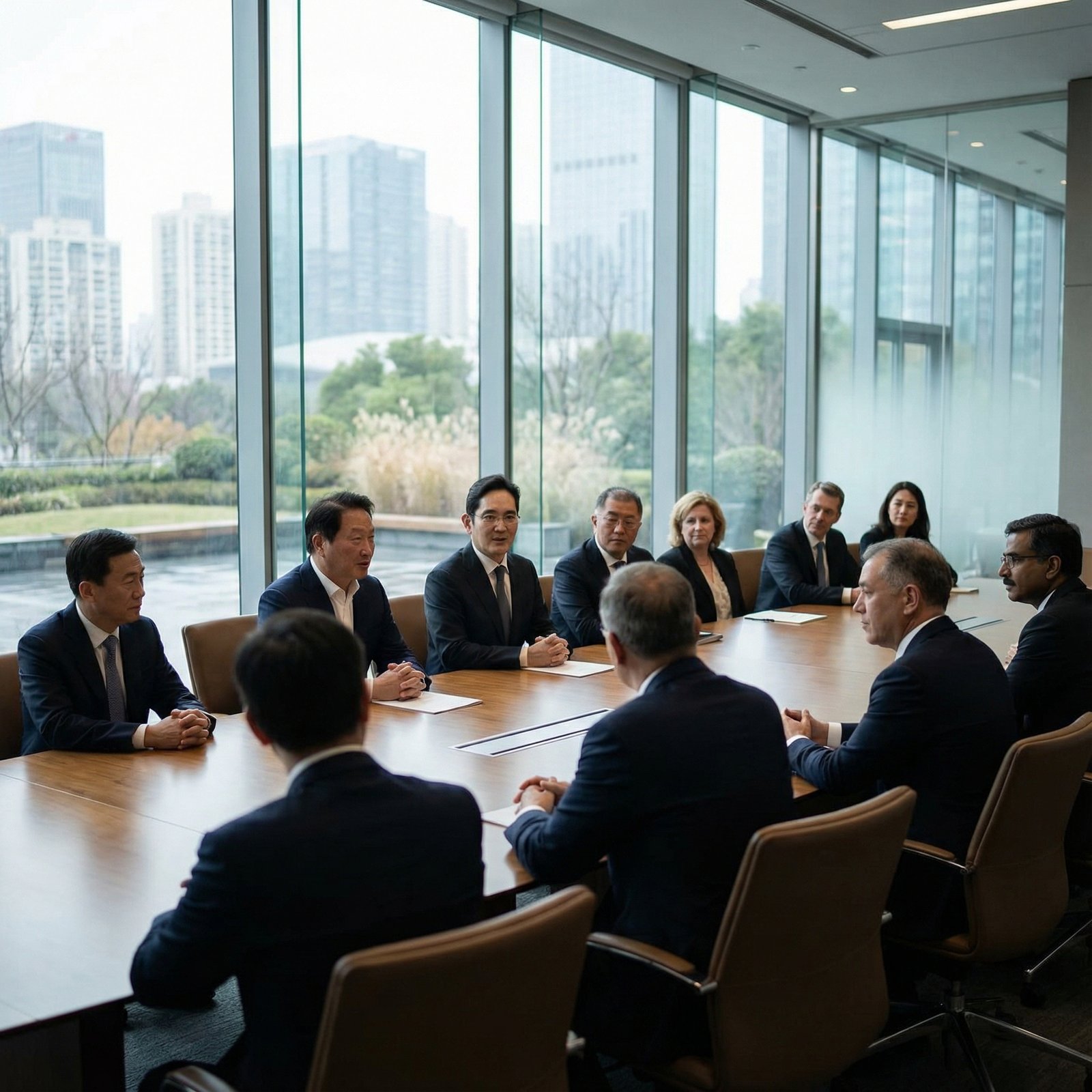 South Korean business leaders like Jay Y. Lee, Chey Tae-won, Euisun Chung gathered for a high-level business meeting in China, professional setting, diverse group, 1:1, no visible text, modern layout, high contrast, natural setting