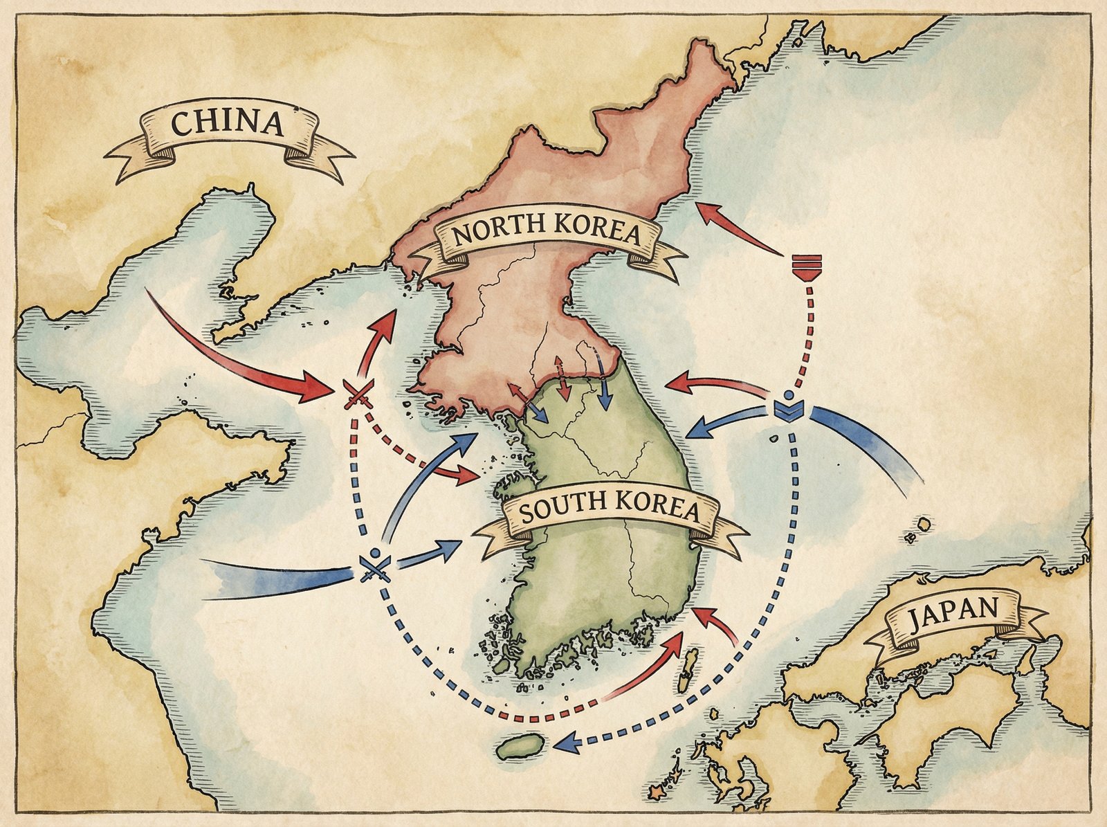 Map showing Korea, China, Japan, and North Korea, illustrating geopolitical tensions and relationships, illustration, artistic rendering, textured background, 4:3, no visible text, clear labels for countries