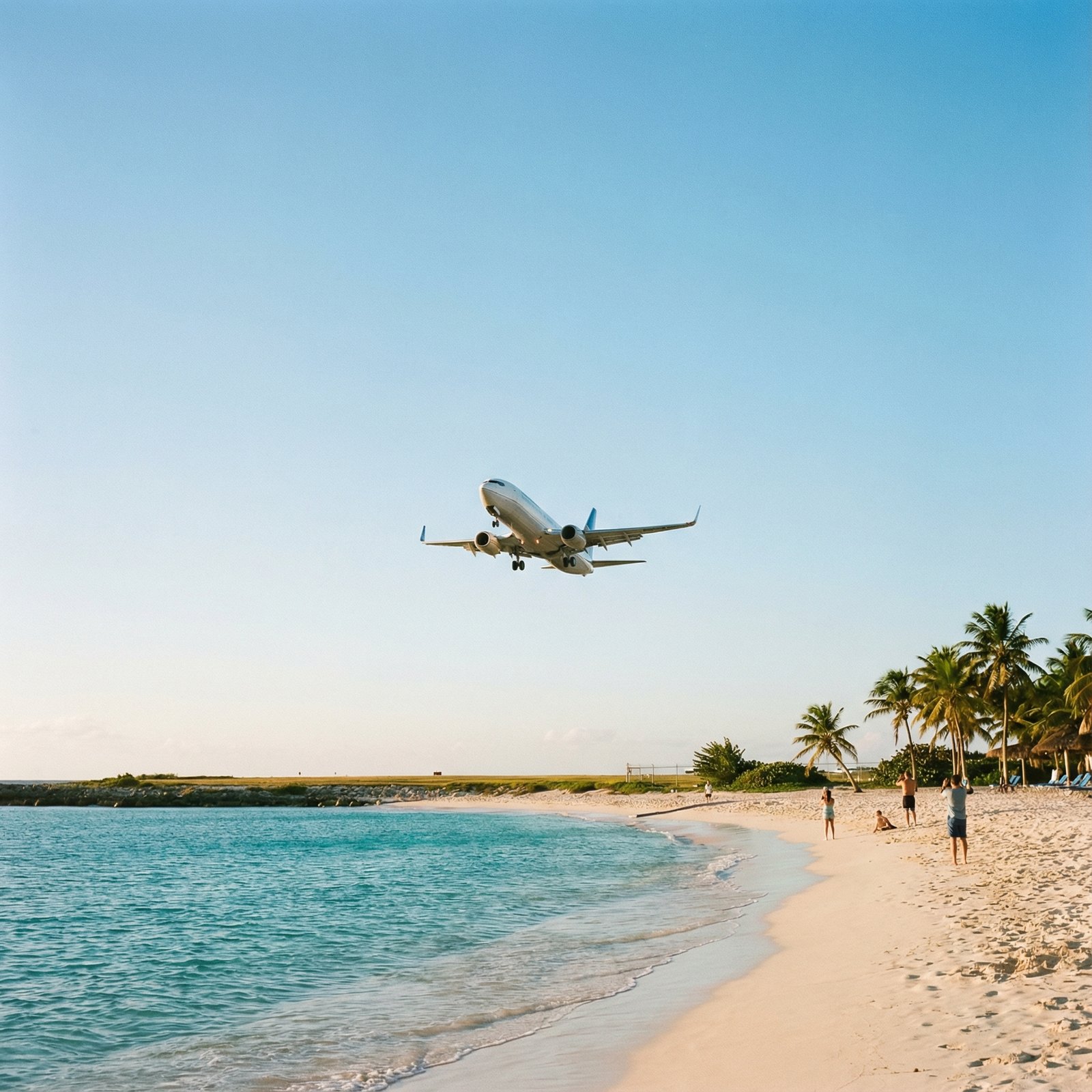 A clear blue sky with an airplane taking off over a pristine Caribbean beach. The mood is calm and hopeful. No visible text, 1:1 aspect ratio.