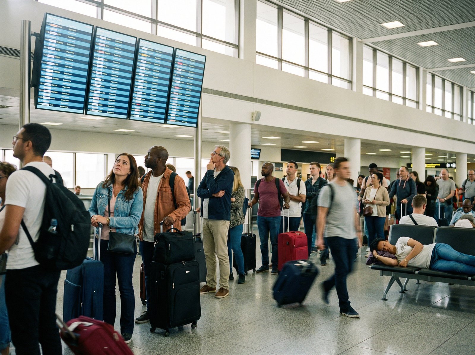 A busy airport terminal with diverse travelers, some looking at departure boards with concerned expressions. The scene shows movement and activity, but also a sense of waiting. No visible text, 4:3 aspect ratio.