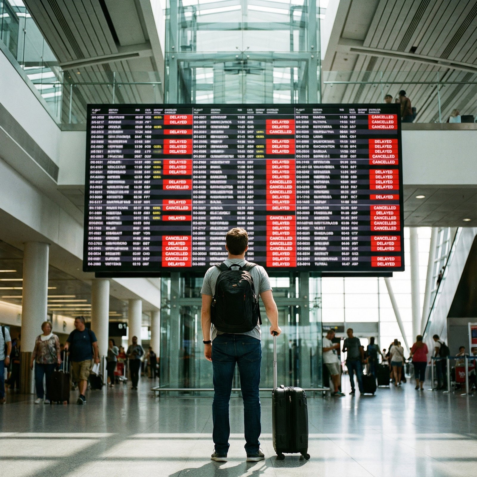 A person standing in front of a digital flight information display board at an airport, checking flight statuses. The board shows various flight numbers and destinations with 'delayed' or 'cancelled' status. Modern airport interior. No visible text, 1:1 aspect ratio.