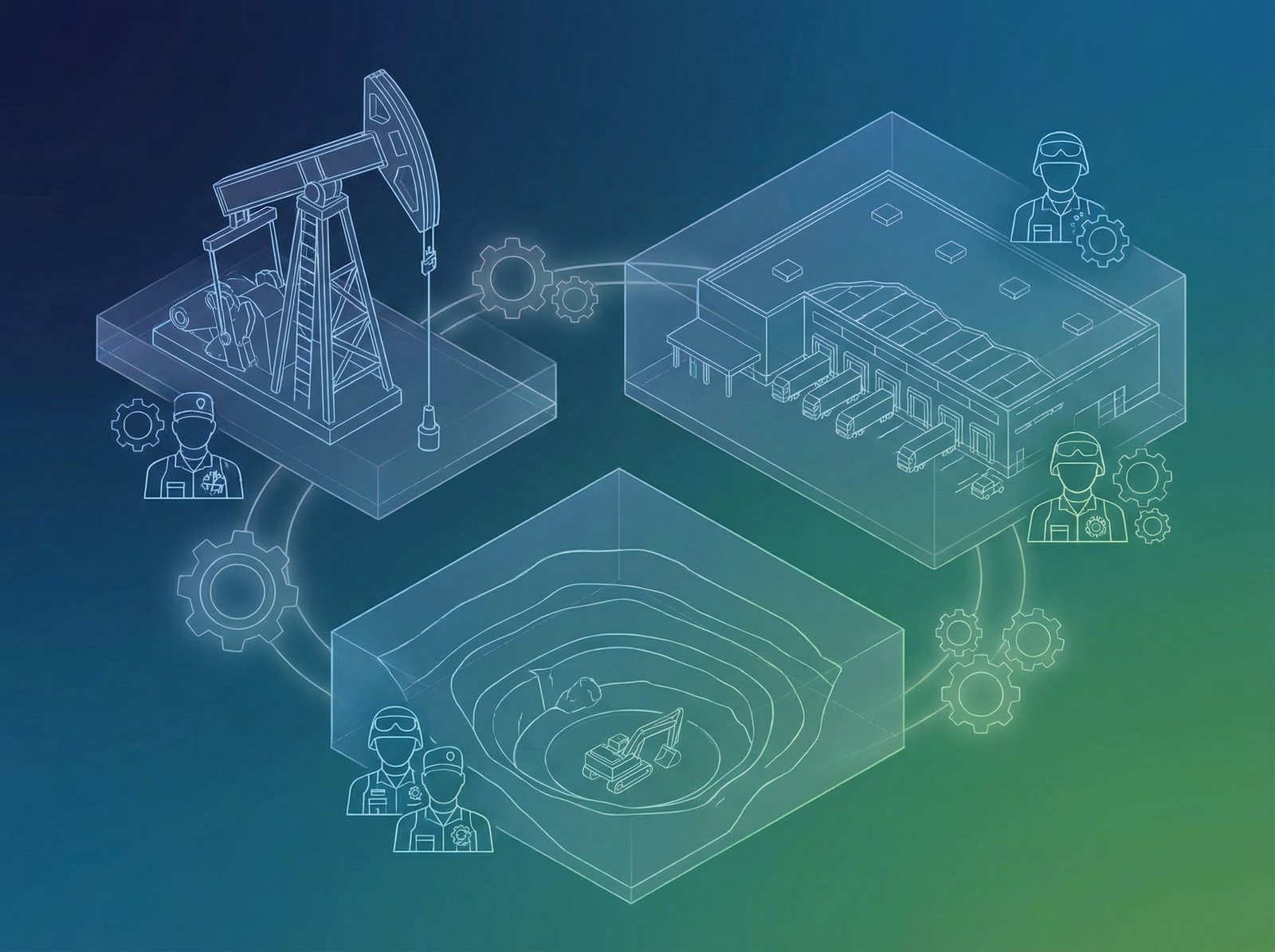 An illustration showing military figures subtly controlling various economic sectors like oil rigs, food warehouses, and raw material processing plants, symbolizing their deep involvement in the economy. Use an informational, clean layout with a gradient background. No visible text. Aspect ratio 4:3.