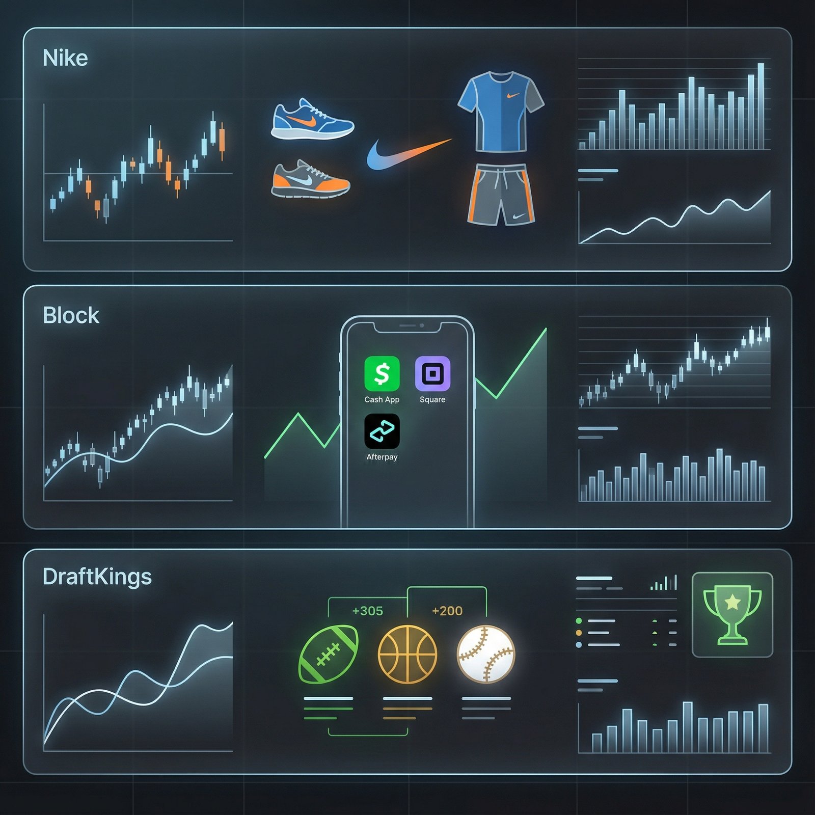 A detailed composition showing three distinct sections, each representing Nike, Block, and DraftKings. Nike section features athletic shoes and apparel, Block section shows a smartphone with fintech apps, and DraftKings section displays sports betting elements. All arranged on a modern desktop screen with market data. Aspect ratio 1:1, no visible text, clean infographic style.