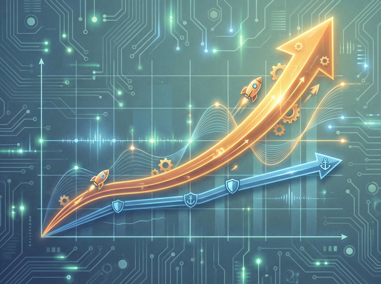 A visually rich infographic showing small-cap stocks outperforming large-cap stocks in 2026. A clear upward trend line for small caps in contrast to a less steep one for large caps. The background has a subtle texture and modern design elements. Aspect ratio 4:3, no visible text.