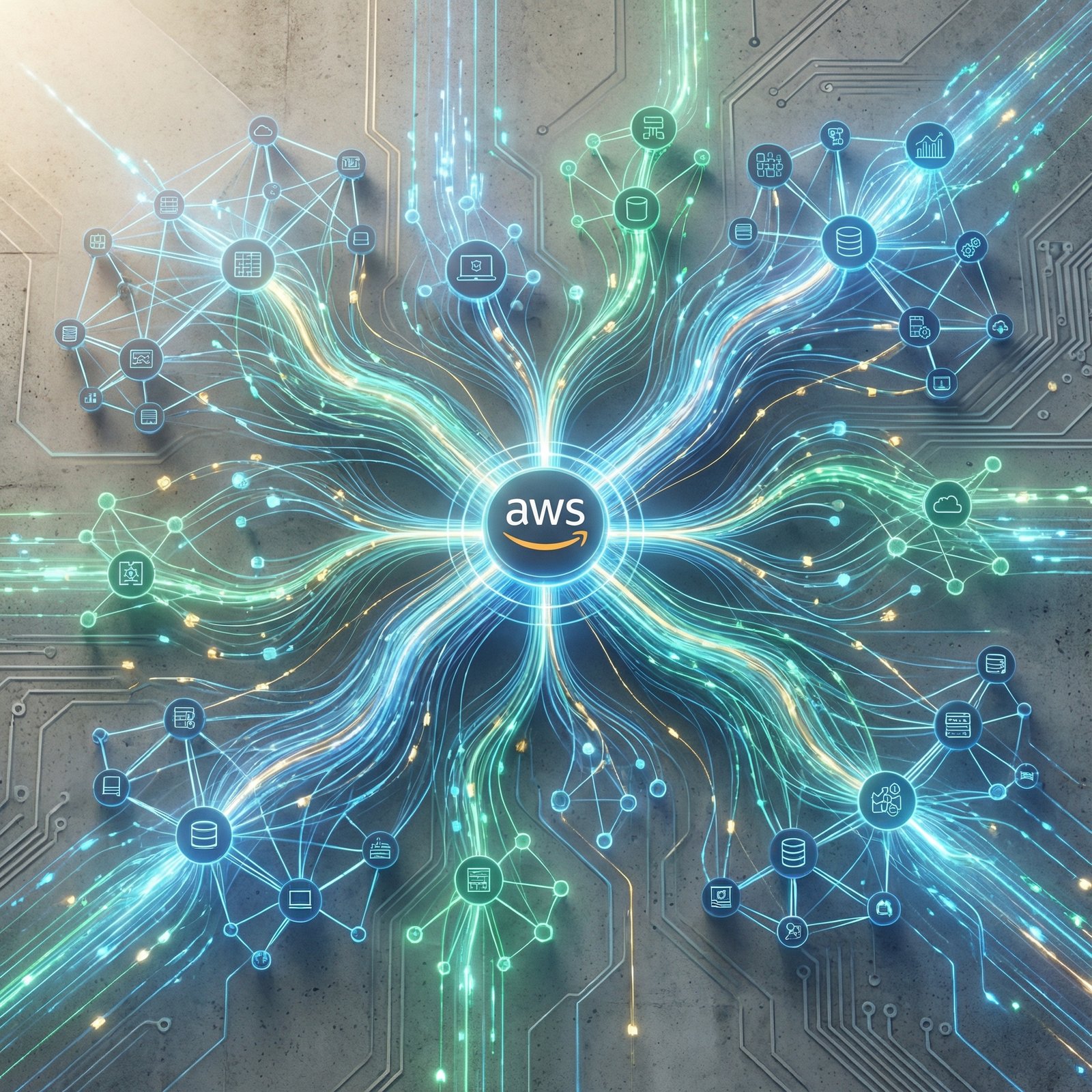 A visual representation of Amazon Web Services (AWS) cloud infrastructure, showing data flow and network connections, with a focus on efficiency and scalability, modern digital art style, textured background, no visible text, 1:1 aspect ratio.