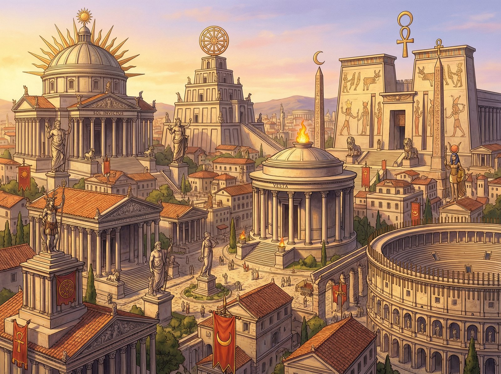 An imaginative illustration of an ancient Roman city in Europe, but with various prominent pagan temples and diverse religious symbols instead of Christian churches. The architecture is a blend of classical Roman and unique, non-Christian religious structures. Style is historical illustration, with warm lighting. Aspect ratio 4:3. No visible text.