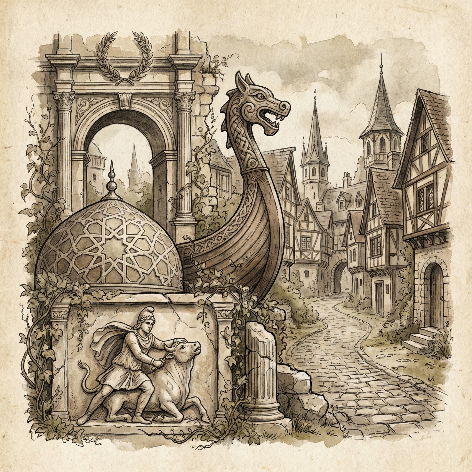 A detailed composition illustration showing a collage of diverse religious symbols and architectural elements from various historical non-Christian religions (e.g., Roman paganism, Mithraism, Nordic paganism, early Islamic art) subtly integrated into a European setting. The style is artistic rendering with a textured background. Aspect ratio 1:1. No visible text.