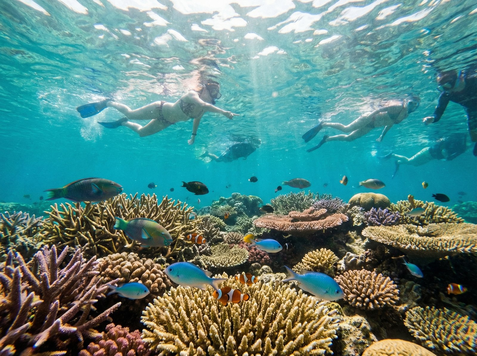 People snorkeling in clear waters above a healthy part of the Great Barrier Reef, observing fish and corals, sunlight filtering through water, no visible text, aspect ratio 4:3