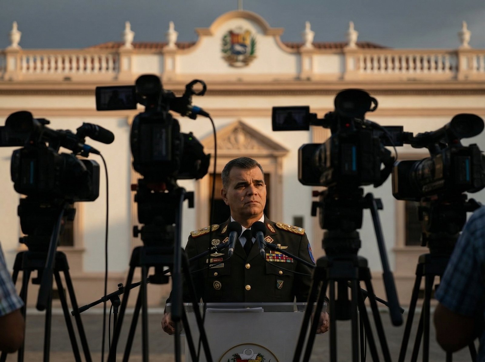 Venezuelan Defense Minister Vladimir Padrino Lopez giving a press conference, serious expression, military uniform, background of the presidential palace, news cameras, dramatic lighting, informational style, 4:3 aspect ratio, no visible text
