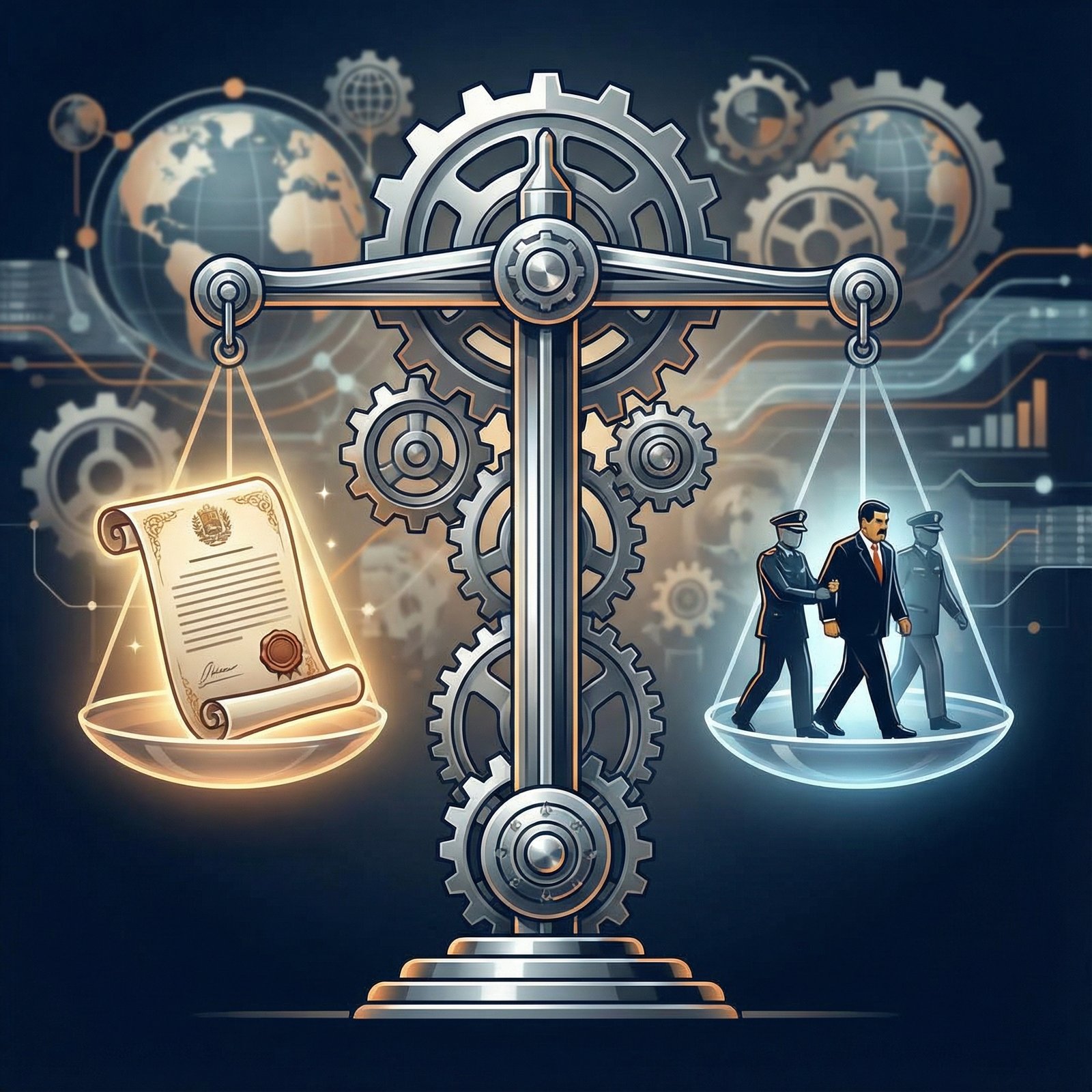 A complex legal scales, one side weighing a presidential pardon document, the other side showing a figure resembling Nicolas Maduro being arrested. In the background, an abstract representation of global politics and justice. Informational style, modern layout, high contrast, 1:1 aspect ratio, no visible text.