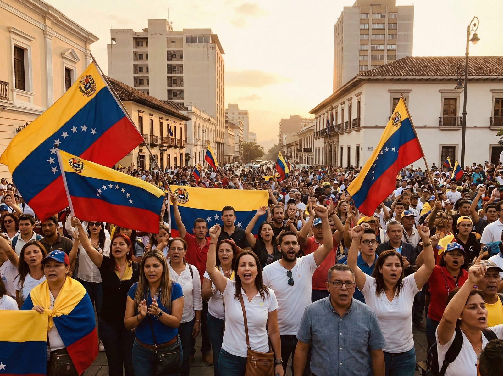 A crowd of people waving the Venezuelan flag, passionate expressions, protest atmosphere, cityscape in the background, warm lighting, lifestyle photography, 4:3 aspect ratio, no visible text