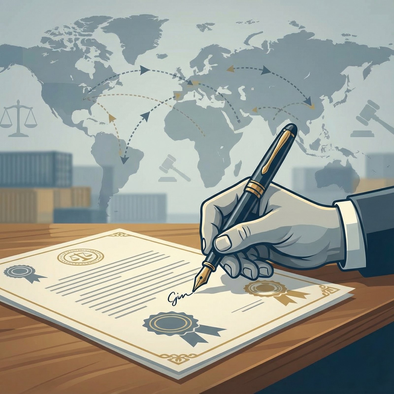 An illustration of a presidential pardon document being signed, with a subtle backdrop hinting at drug trafficking (e.g., stylized map with routes). Focus on legal context and a sense of gravity. Informational style, modern layout, 1:1 aspect ratio, no visible text.