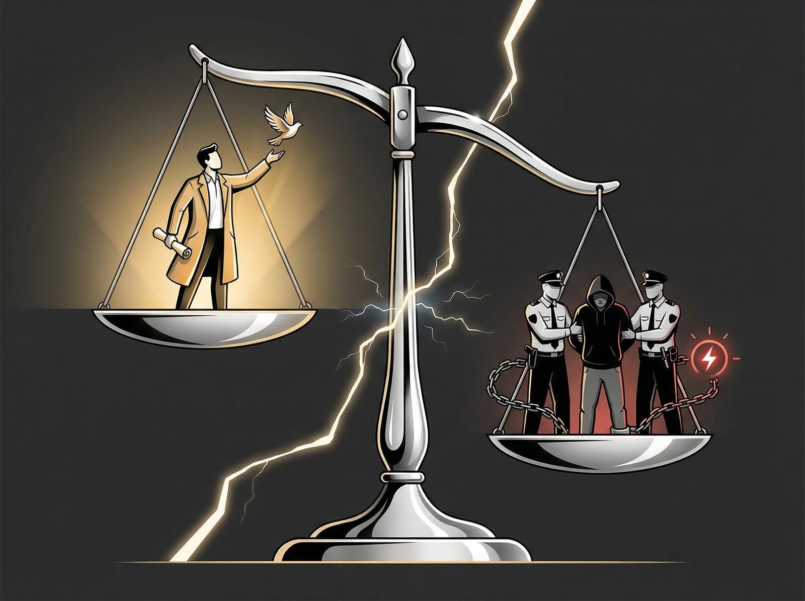Two distinct scales of justice. One scale shows a figure being pardoned, while the other shows a figure being arrested and charged. A subtle visual tension between the two, representing a perceived contradiction in legal application. Informational style, modern layout, high contrast, 4:3 aspect ratio, no visible text.