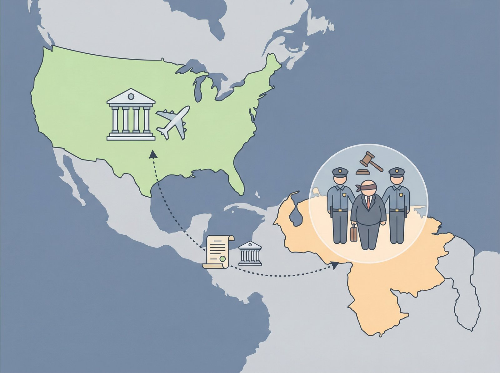 A stylized, clean infographic showing a map of Venezuela and the US, with arrows indicating the capture and transport of a figure representing Nicolas Maduro. Emphasize the legal process rather than violent action. Informational style, clean layout, 4:3 aspect ratio, no visible text.