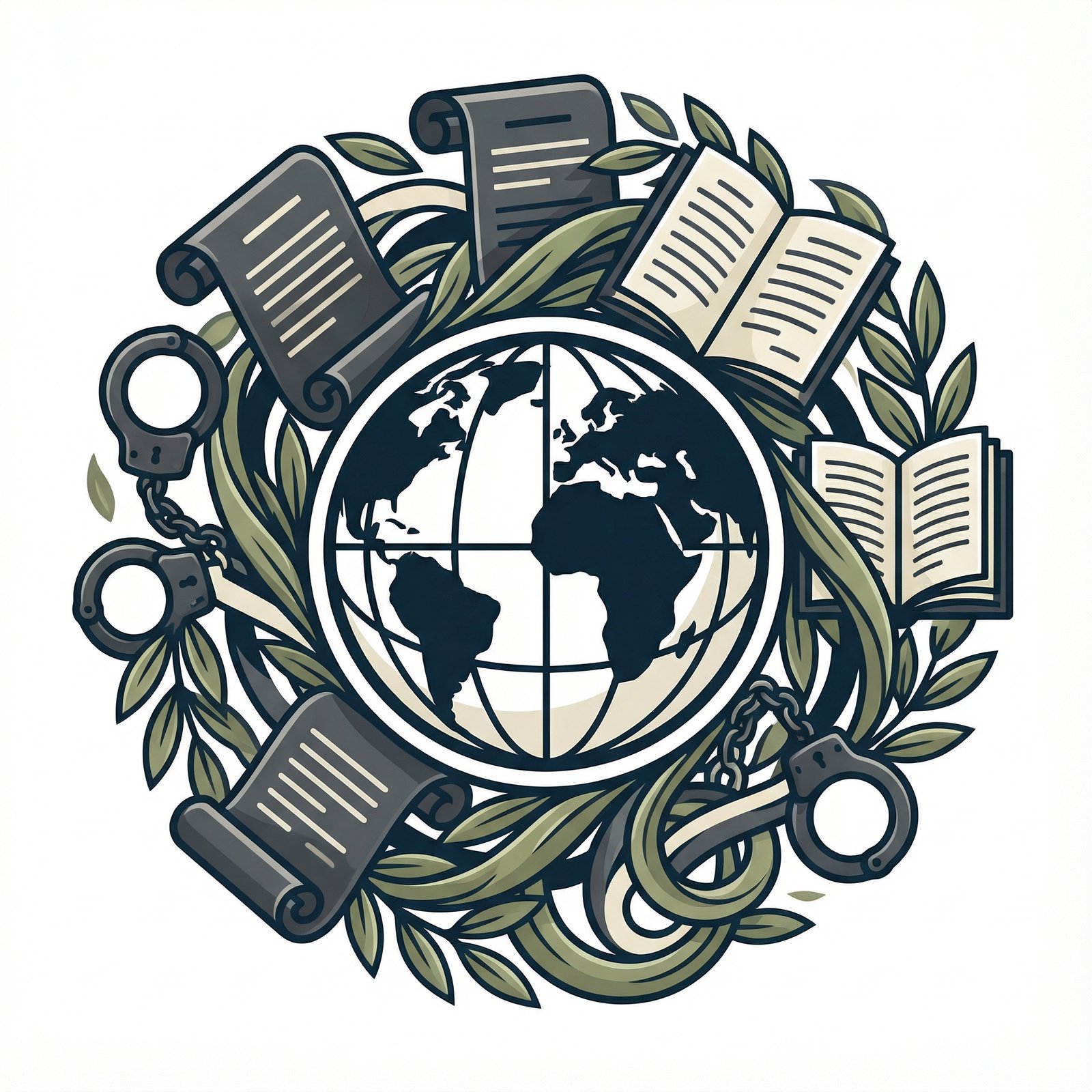 A globe surrounded by intertwined legal documents, handcuffs, and olive branches. The composition suggests the intricate and often contradictory nature of international law and political decisions. Informational style, clean infographic, high contrast, 1:1 aspect ratio, no visible text.
