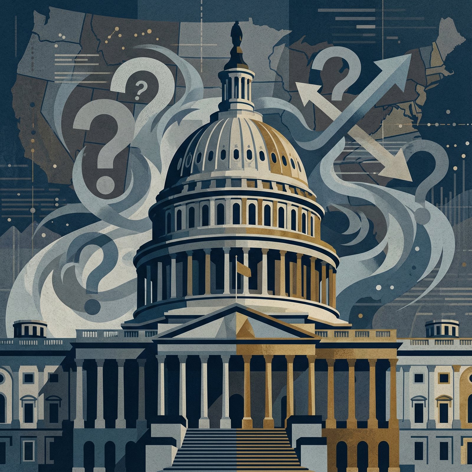An abstract illustration of the U.S. Capitol building, with subtle question marks or opposing arrows around it, symbolizing controversy and conflicting policies. The colors should be serious and professional. Informational style, high contrast, 1:1 aspect ratio, no visible text.