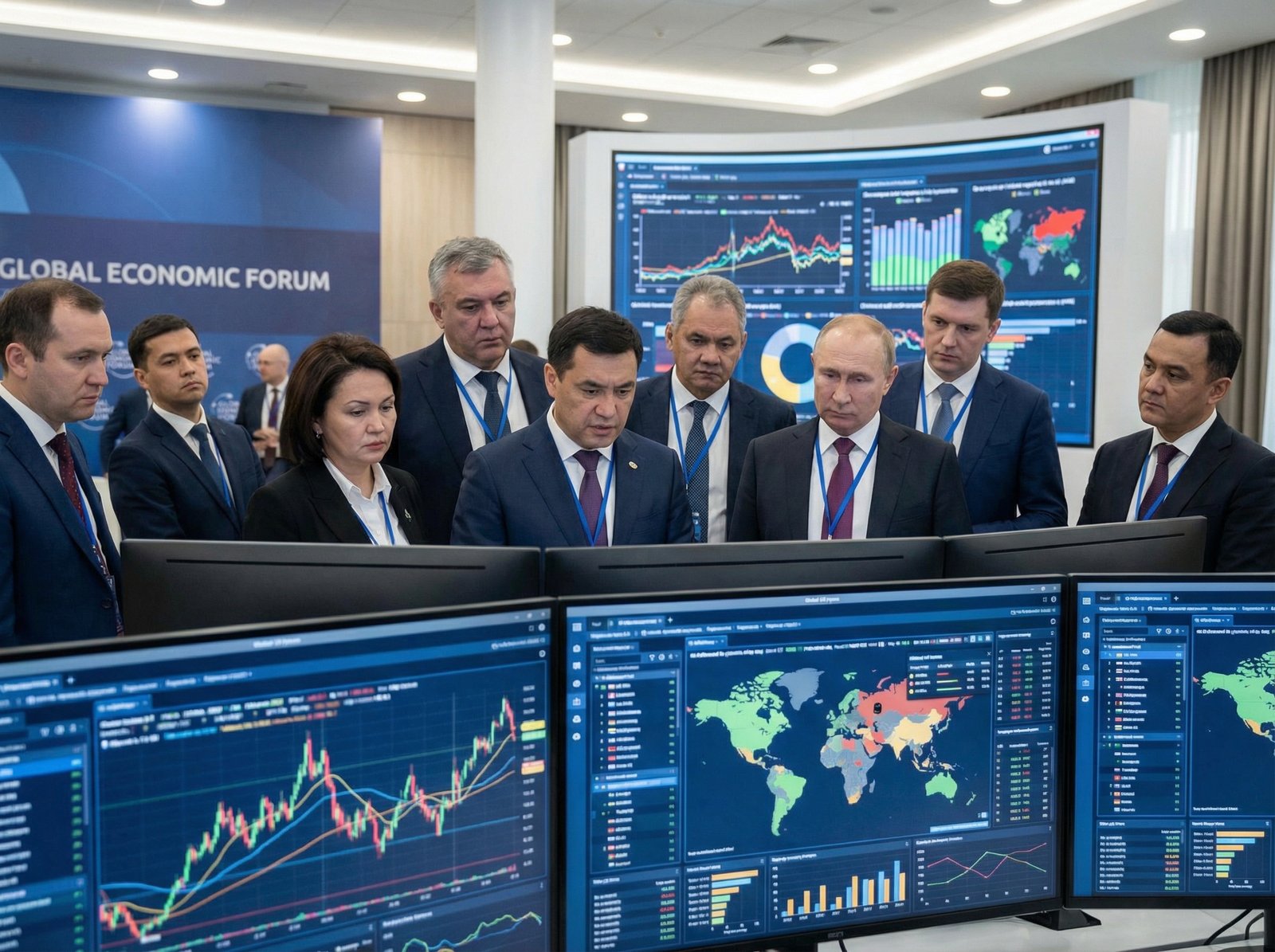 Representatives from various countries looking concerned while observing oil market data on large screens. The setting is a global economic conference. Informational style, modern layout, 4:3 aspect ratio, no visible text.