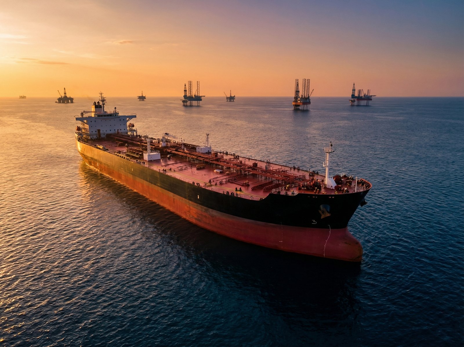 A massive oil tanker sailing across a calm blue ocean, with oil rigs visible in the distance. The sun is setting, casting warm light. Informational style, high contrast, 4:3 aspect ratio, no visible text.