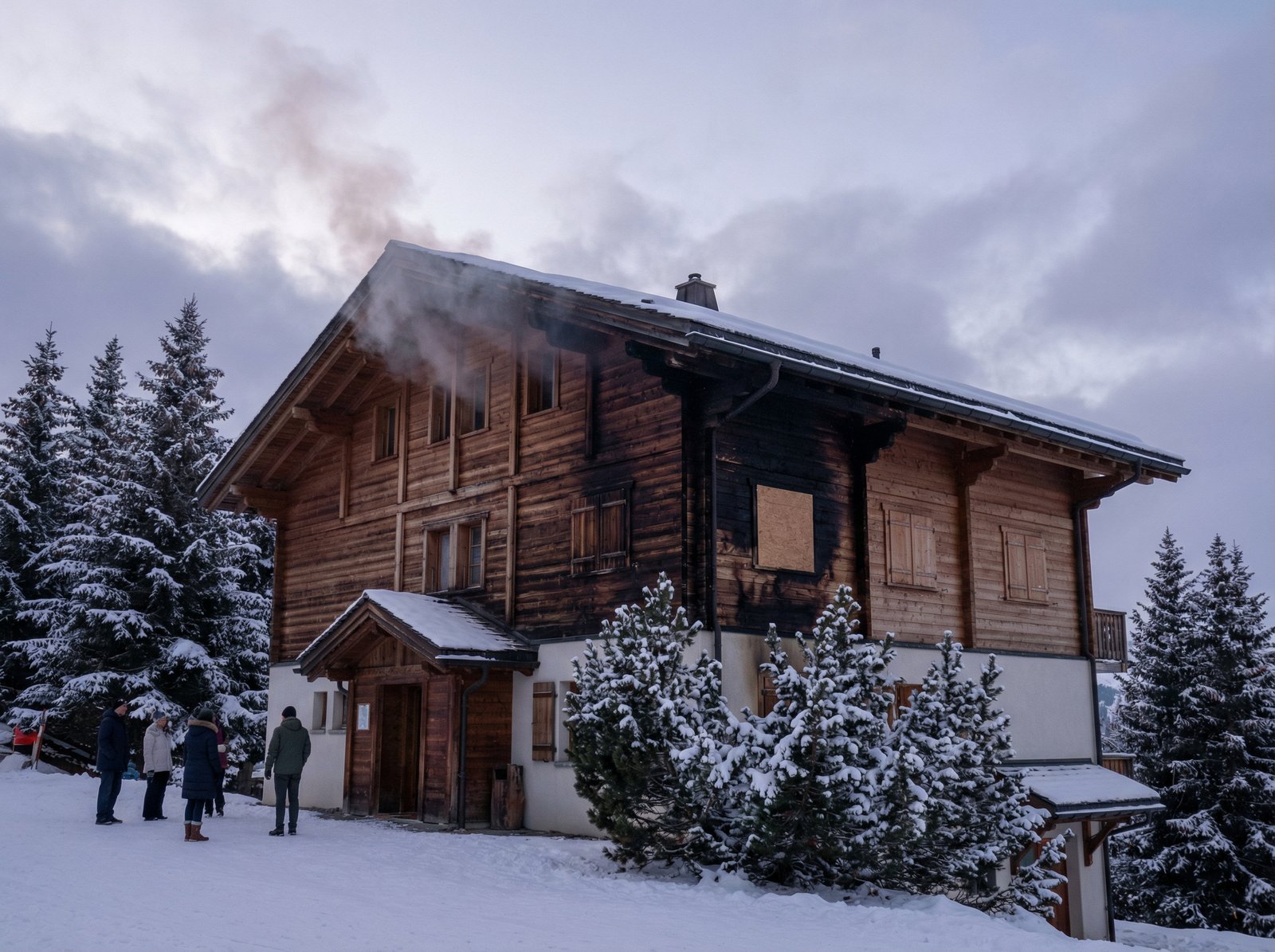 An upscale ski resort bar building in Crans-Montana, Switzerland, with subtle signs of fire damage on a snowy New Year's Eve, somber atmosphere, subtle smoke. No visible text. Aspect ratio 4:3.