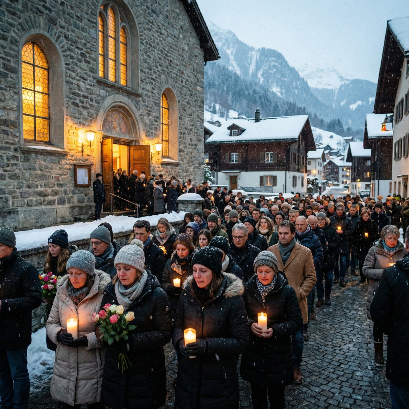 A crowd of mourners gathered outside a church in a snowy Swiss town. Somber expressions, warm lighting from inside the church. No visible text. Aspect ratio 1:1.