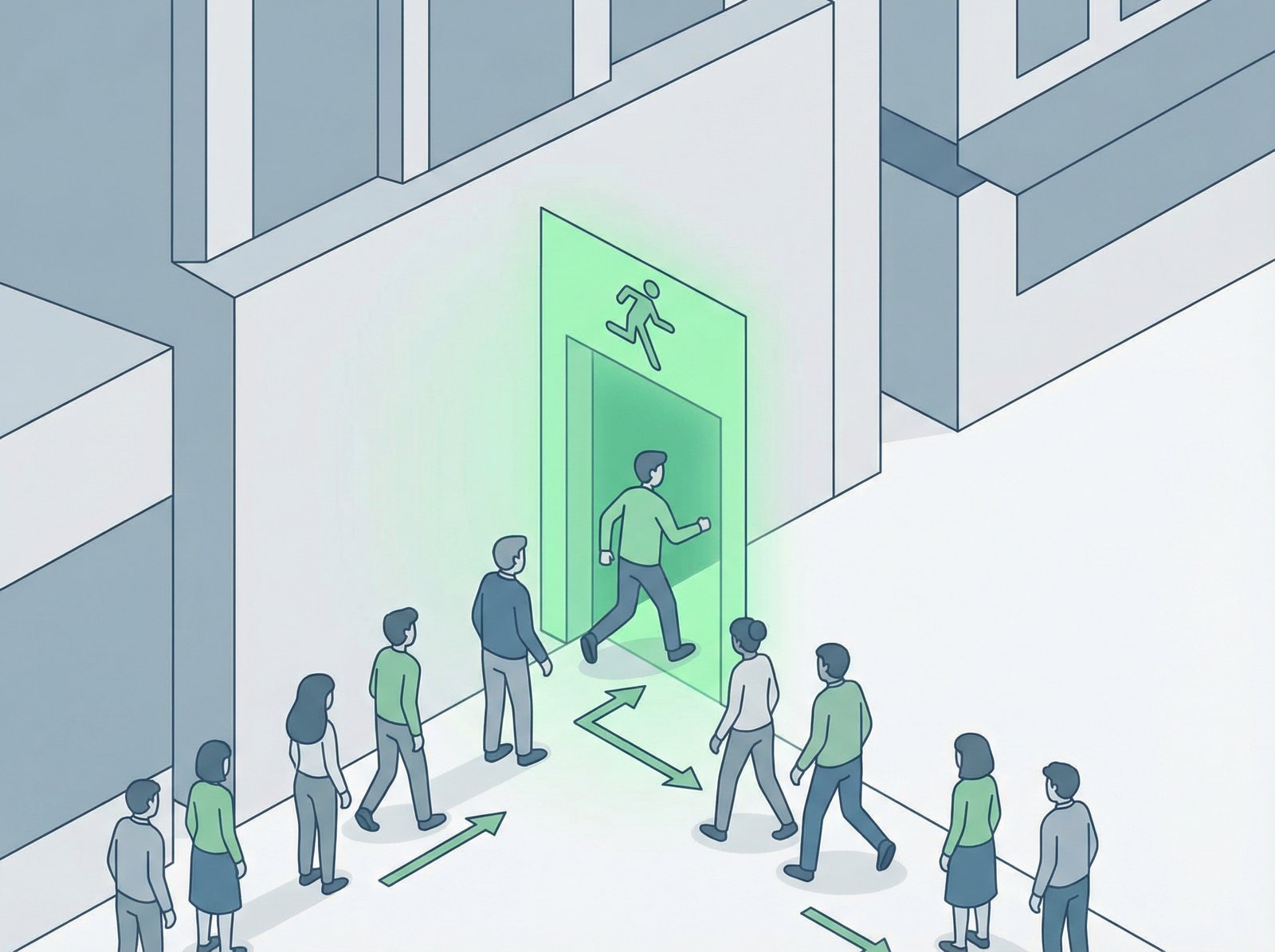 People calmly and orderly exiting a building through an illuminated emergency exit, emphasizing safety and preparedness. Modern, clean infographic style. No visible text. Aspect ratio 4:3.