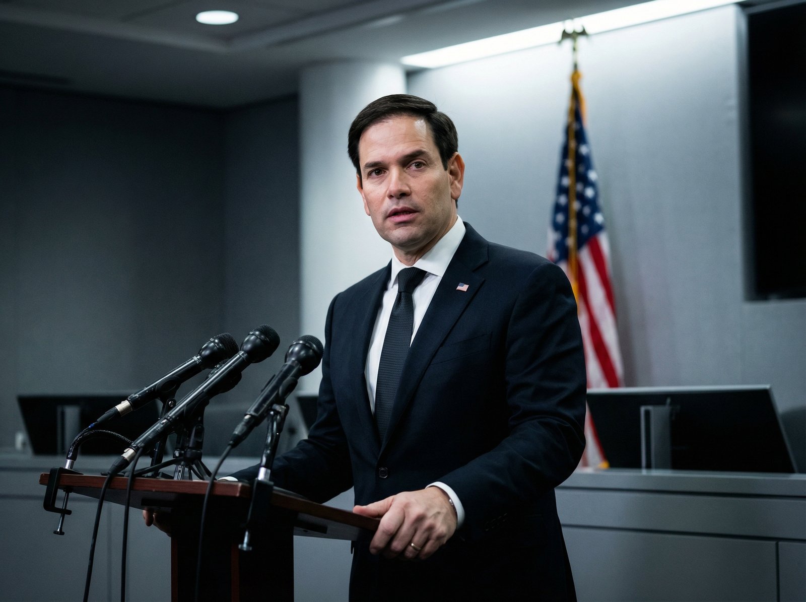 A US Secretary of State, Marco Rubio, speaking at a press conference, with the US flag subtly in the background. The atmosphere is serious and focused, conveying a sense of political strategy. Modern, informational style, with a clean layout and high contrast. Aspect ratio 4:3, no visible text.