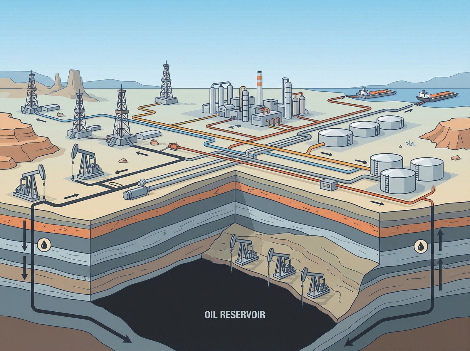 An expansive view of a large oil drilling facility in Venezuela, with pipelines and machinery under a clear sky. The setting should convey industrial activity and the vastness of oil reserves. Informational, clean infographic style. Aspect ratio 4:3, no visible text.