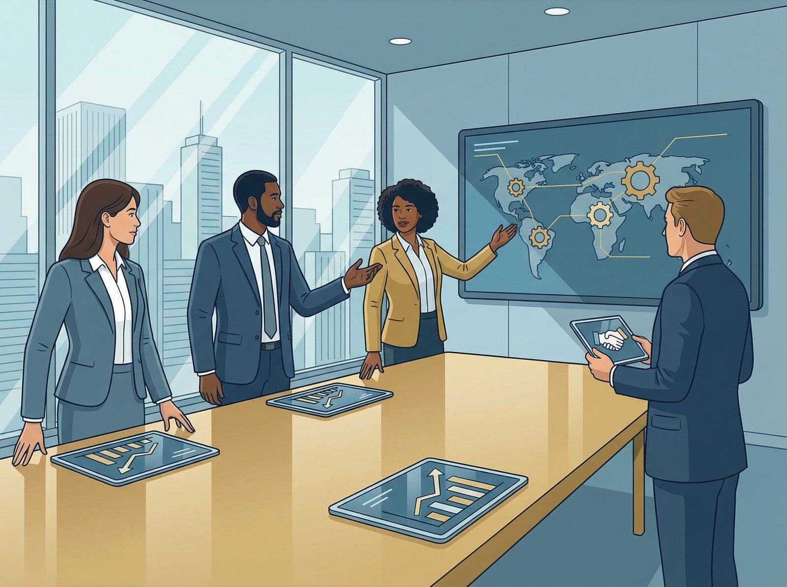 A diverse group of business professionals in suits and business attire, possibly oil company executives, discussing investment opportunities in a modern conference room. The atmosphere is professional and collaborative, with a focus on negotiation and strategy. Informational, clean infographic style. Aspect ratio 4:3, no visible text.