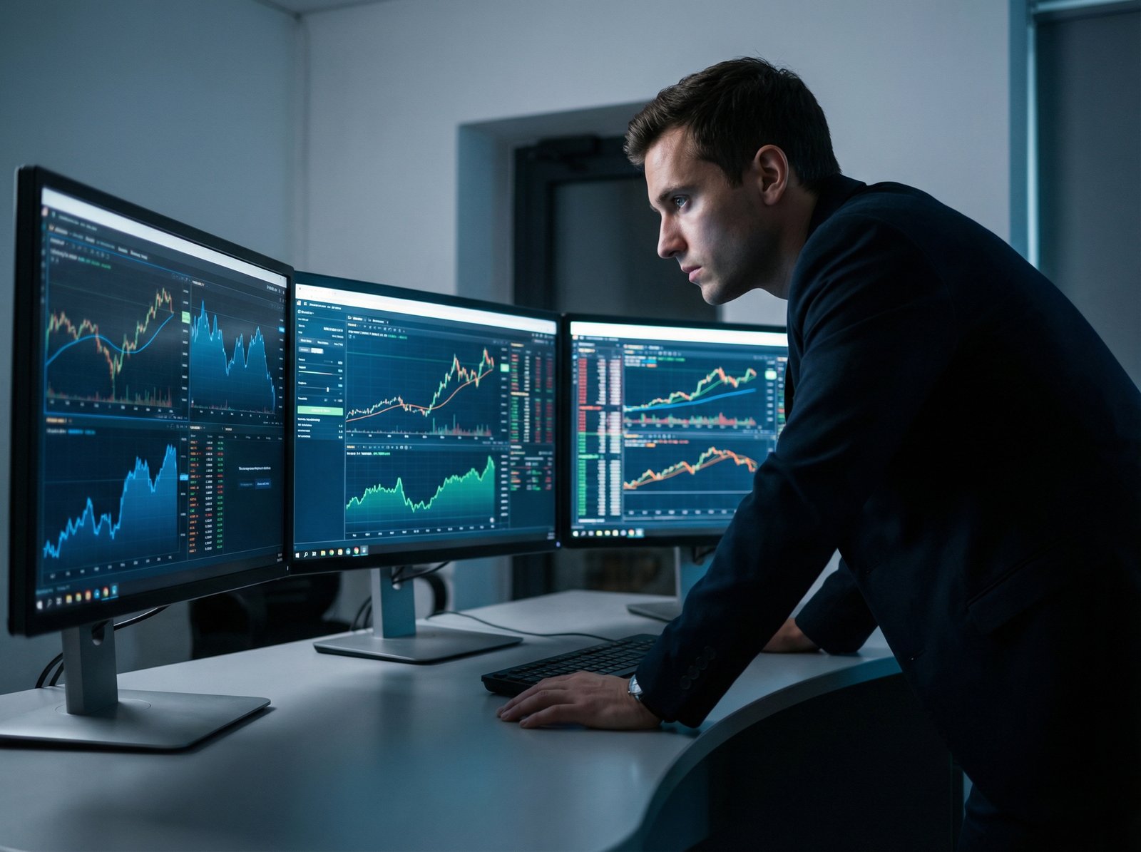 A person closely monitoring stock market data on multiple screens, showing charts and graphs. The atmosphere is professional and focused. Aspect ratio 4:3, no visible text, informational style, modern layout, high contrast.