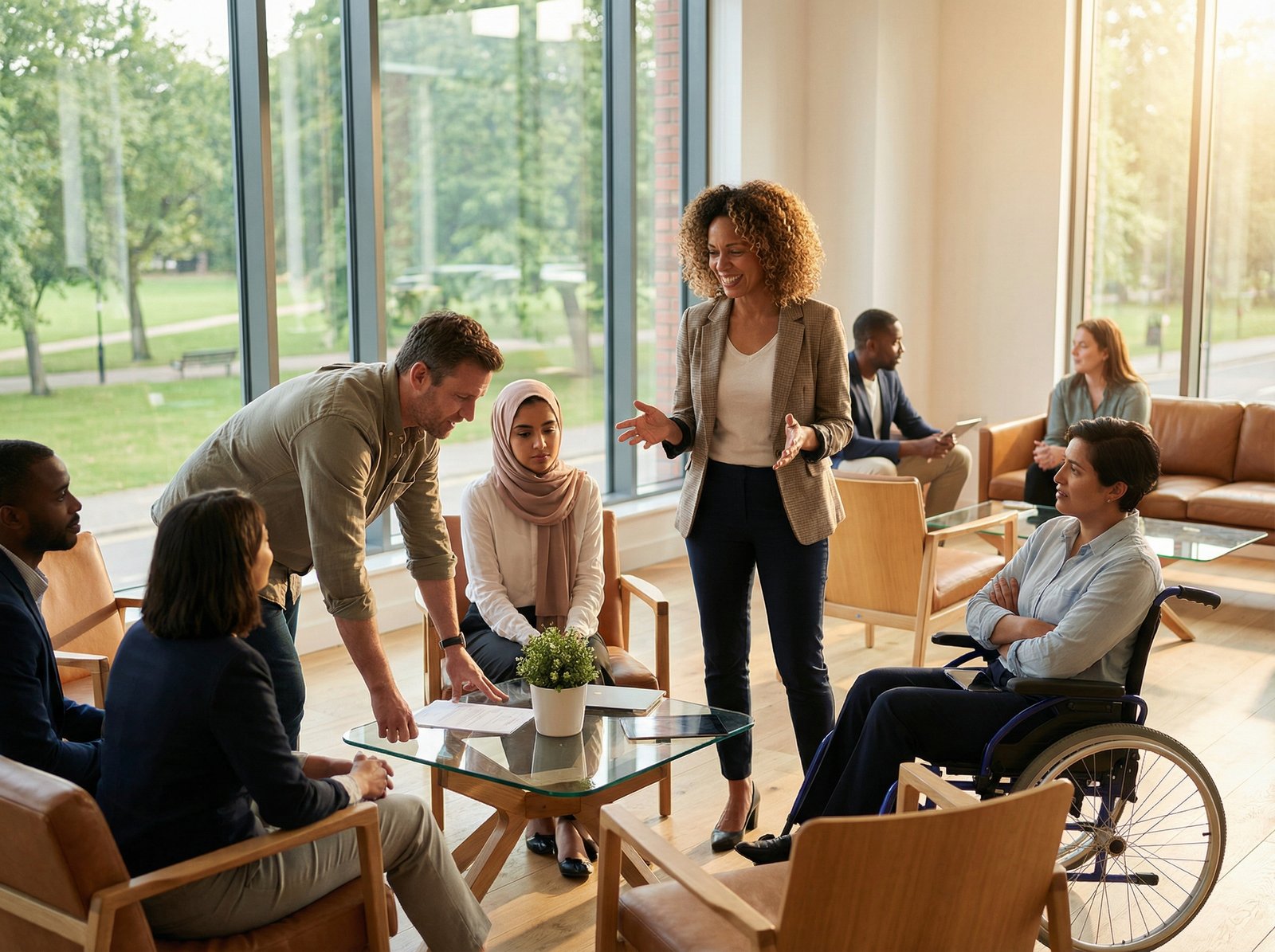 A diverse group of people in a modern office setting, actively engaging in a discussion, some gesturing, others listening intently, showing a dynamic and collaborative environment, warm lighting, natural setting, no visible text, aspect ratio 4:3