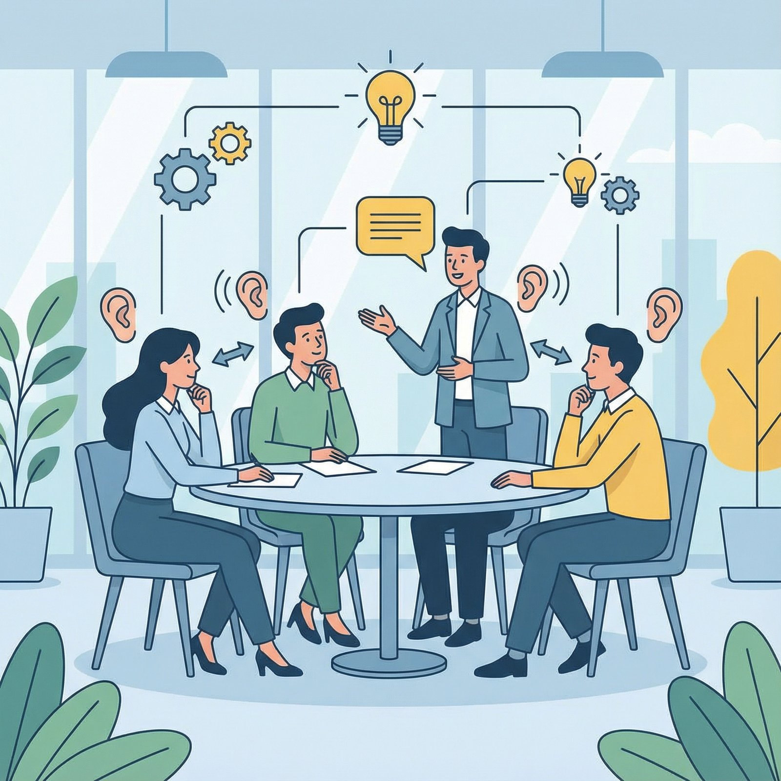 A group of professionals having a constructive conversation in a modern office setting, one person is calmly explaining a point, while others are listening attentively and nodding, showcasing good communication and active listening, clean infographic style, no visible text, aspect ratio 1:1