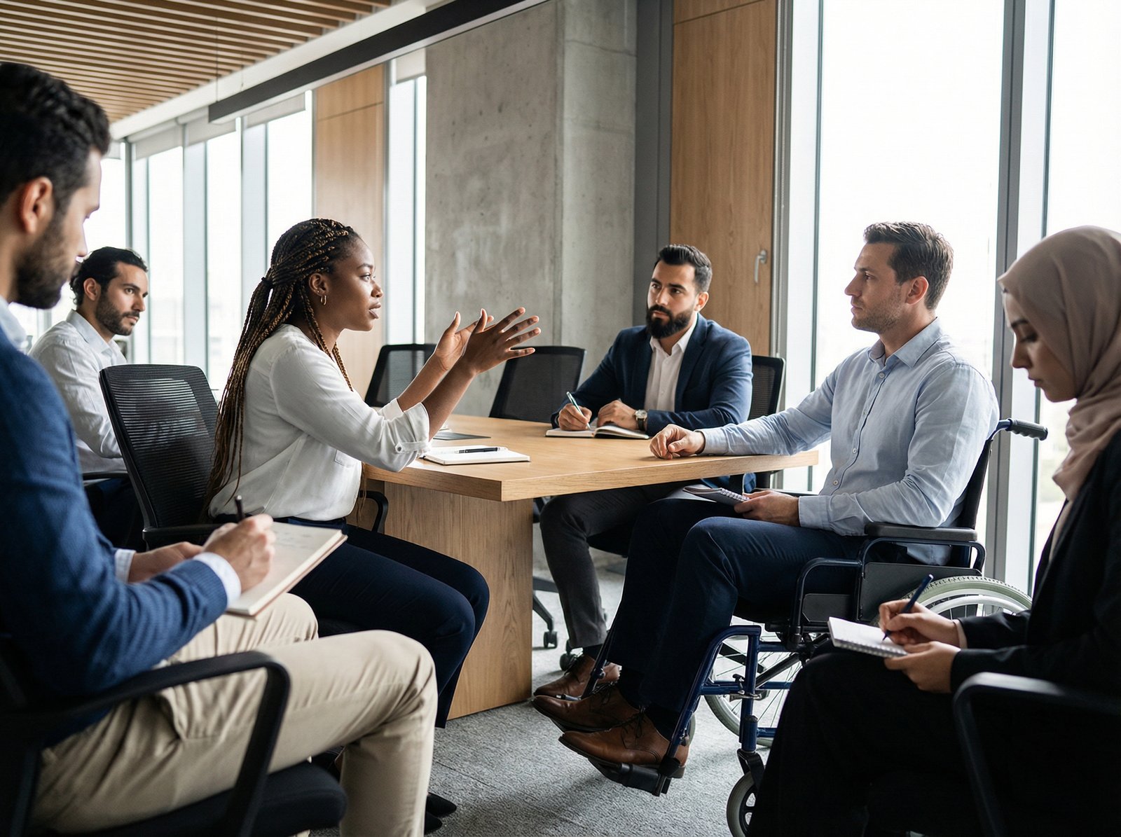 Diverse professionals in a meeting, one person is making a point while others are attentively listening, some taking notes, showing a focused and respectful environment, modern layout, high contrast, no visible text, aspect ratio 4:3