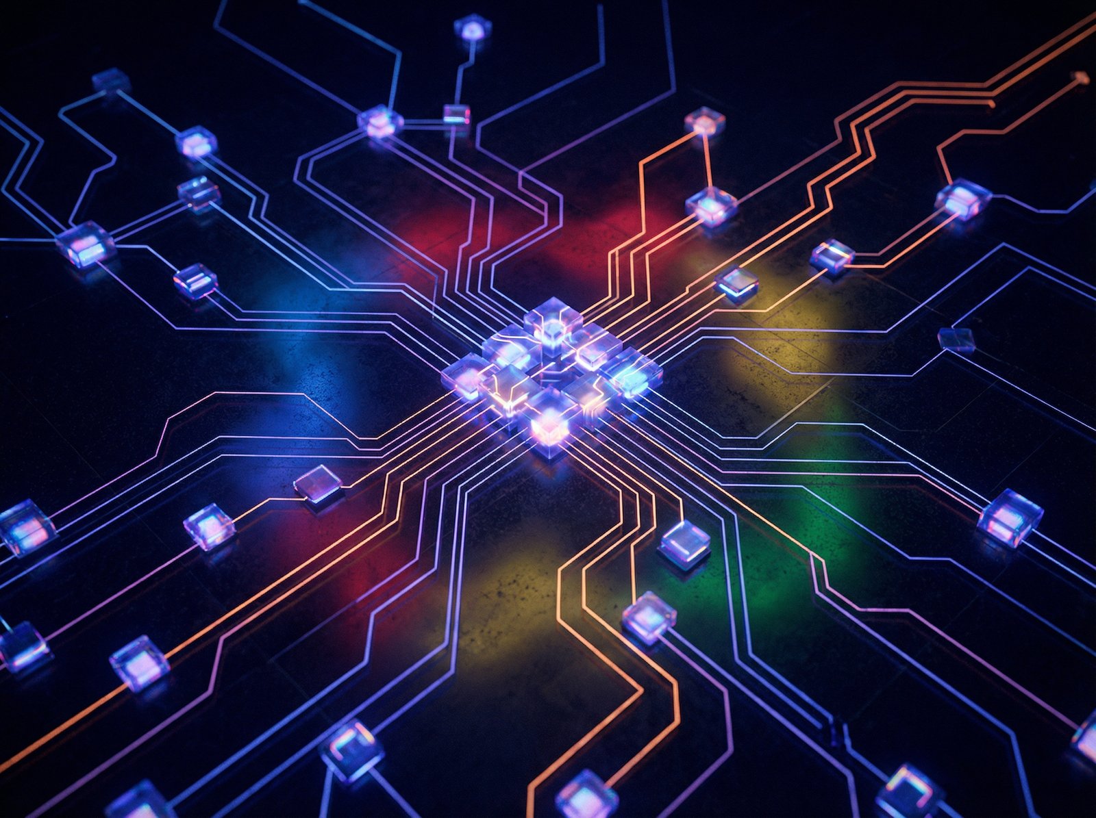 A abstract representation of Alphabet's diverse AI technologies and robust infrastructure, featuring interconnected nodes and subtle Google brand elements, modern layout, high contrast, 4:3 aspect ratio, no visible text