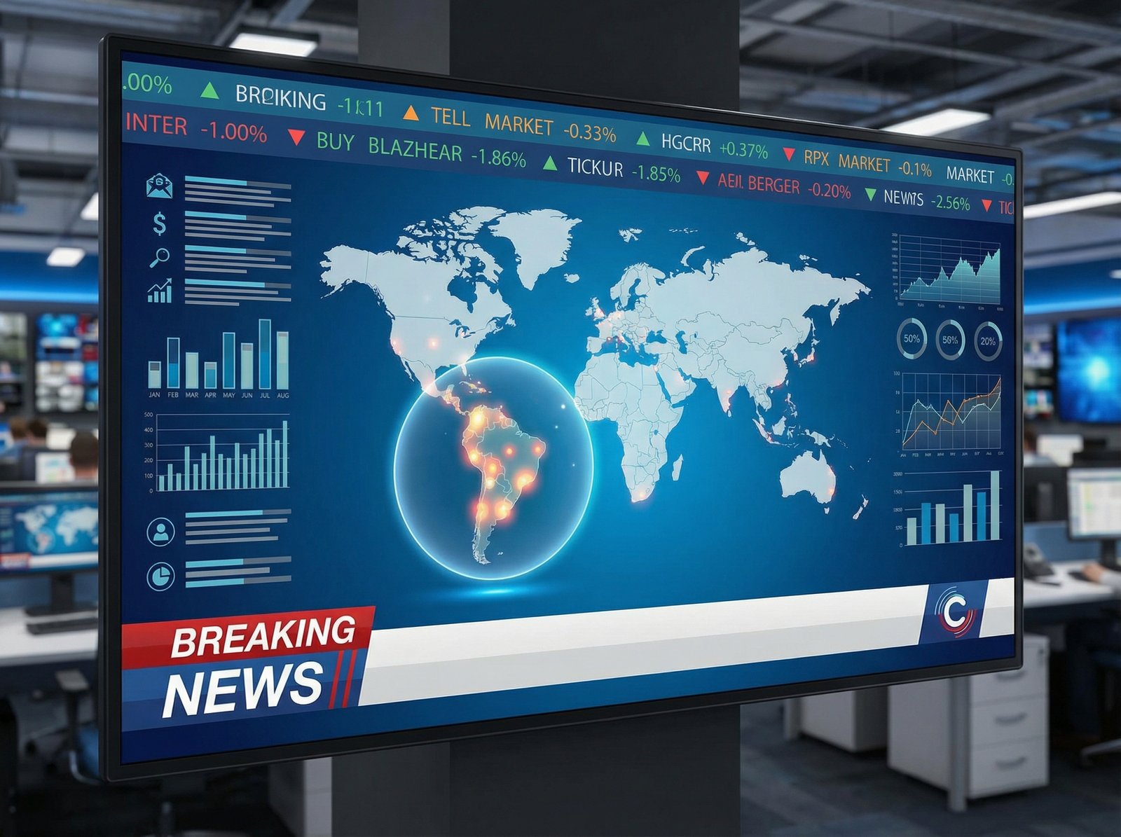 A breaking news graphic on a screen showing a world map, with a focus on South America. The screen displays market data and news headlines in a clean, modern infographic style. No visible text, 4:3 aspect ratio.
