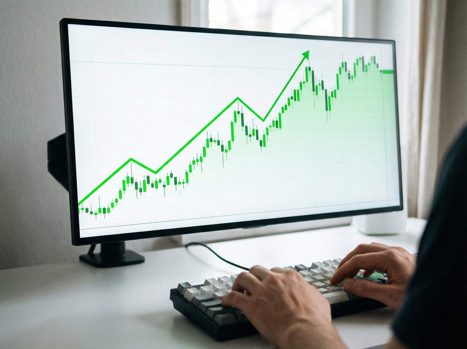 A close-up of a stock market chart on a computer screen with green upward trends, a person's hands lightly resting on a keyboard in the foreground, indicating careful observation. Clean and modern layout, no visible text, 4:3 aspect ratio.