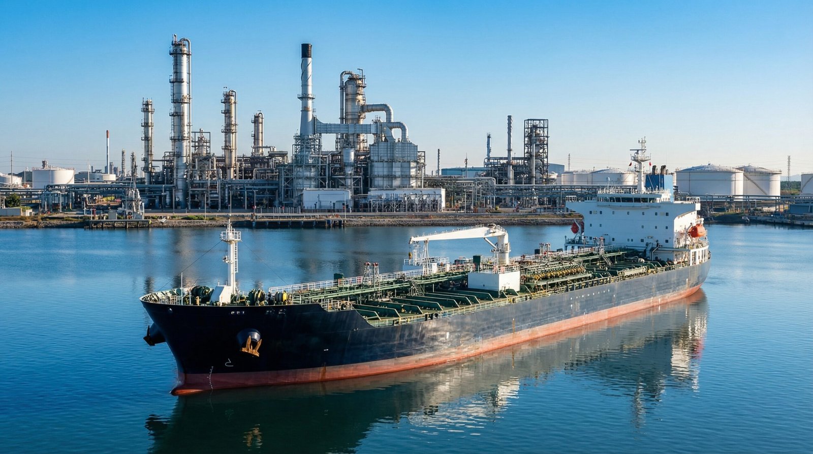 A large oil tanker sailing on calm waters with a modern oil refinery in the background under a clear sky. Informational style with high contrast, no visible text, 16:9 aspect ratio.