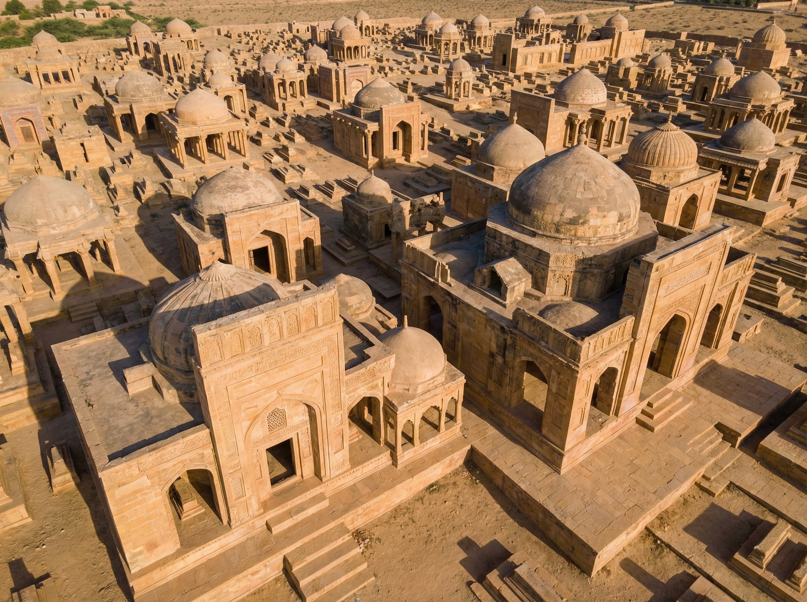 Aerial view of the Makli Hill archaeological site in Thatta, Pakistan, showing numerous ancient tombs and structures, with a focus on their unique architecture. Aspect ratio 4:3, no visible text.