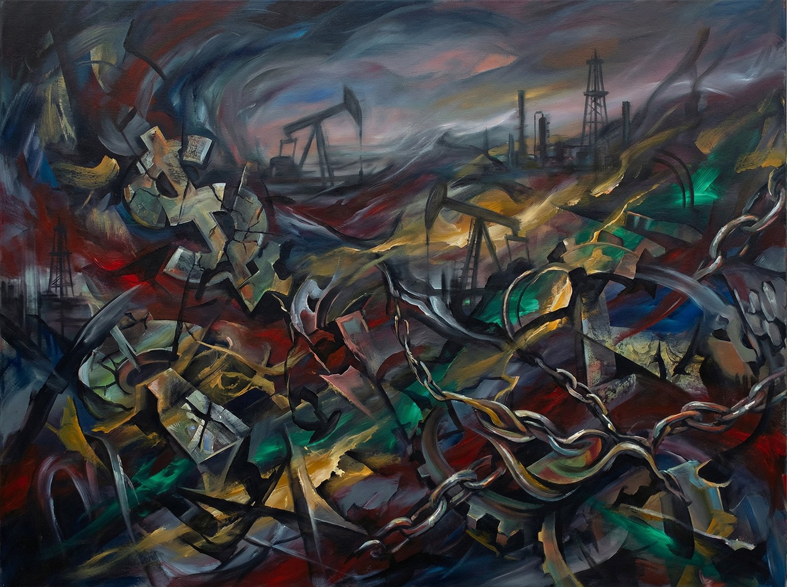 A complex, abstract visual representation of financial debt and political turmoil in Venezuela, with subtle hints of oil industry infrastructure. Use a blend of dark and vibrant colors. Aspect ratio 4:3, no visible text.